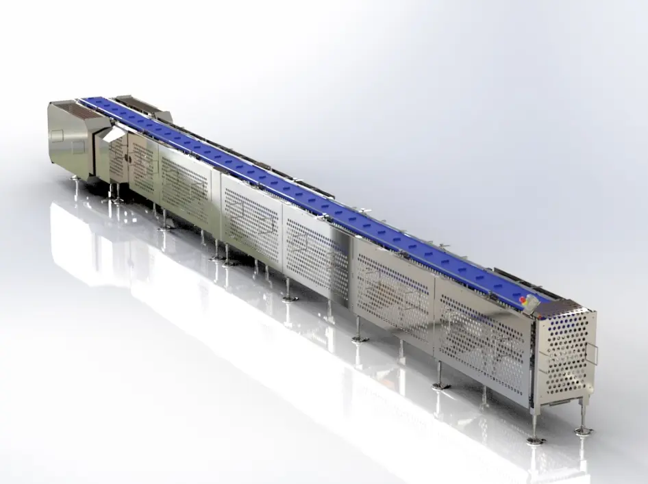 This is a 3D rendering of an FEMC Flighted Belt Conveyor.