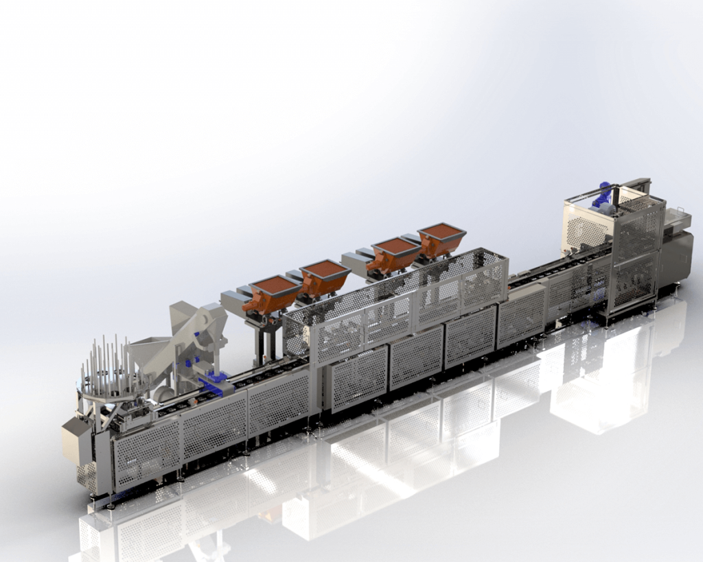 This is a 3d rendering of an FEMC system comprised of denesting, conveying, filling, and sealing equipment for food packaging automation.