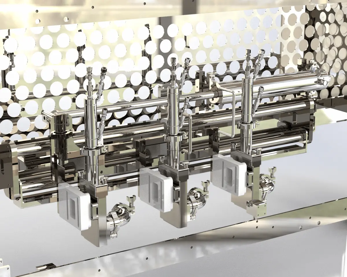 This is a 3D rendering of an FEMC Piston Filler. It's a piece of machinery used in food automation systems and processes.