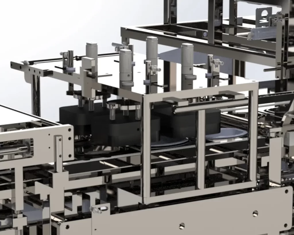 This is a 3D rendering of an FEMC Platen Head Heat sealer for food packaging automation equipment.