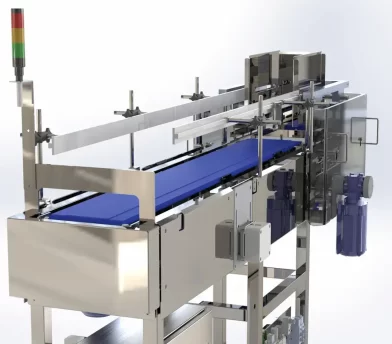 This is a 3D model rendering of an FEMC Flat Belt Conveyor.
